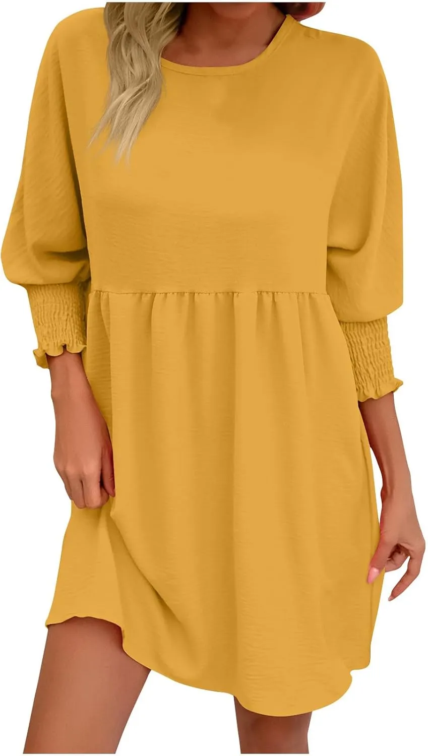 Summer Dress for Women Causal Party Round Neck 3/4 Length Puff Sleeve Midi Flowy Chiffon Dresses 2024 Fall Clothes