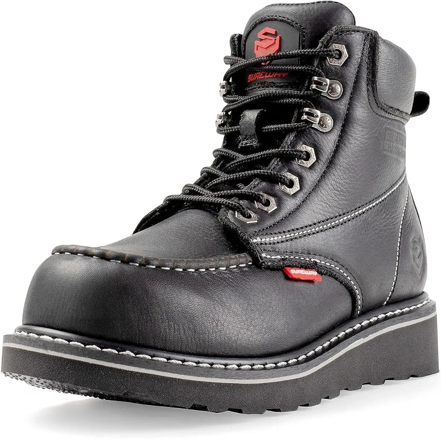 SUREWAY Mens Heavy Duty Soft/Composite/Steel Toe Work Boots for Men-Comfortable,Goodyear Welt,Full Grain Leather,6 in Wedge Moc Toe Construction Boots/Shoes,Steel Toe Black,Size 10