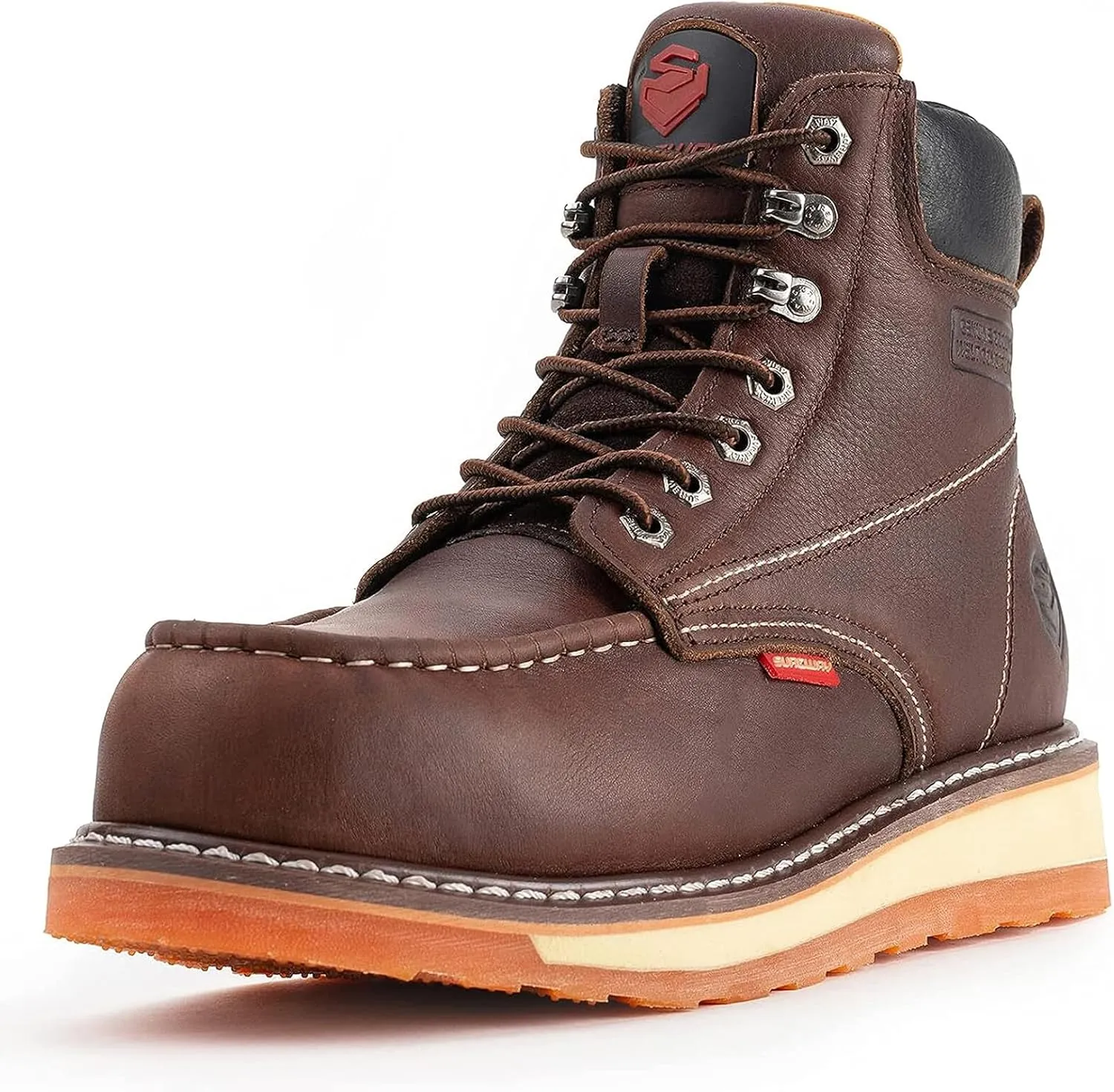 SUREWAY Mens Heavy Duty Soft/Composite/Steel Toe Work Boots for Men-Comfortable,Goodyear Welt,Full Grain Leather,6 in Wedge Moc Toe Construction Boots/Shoes,Waterproof Soft Toe Dark Brown,Size 9