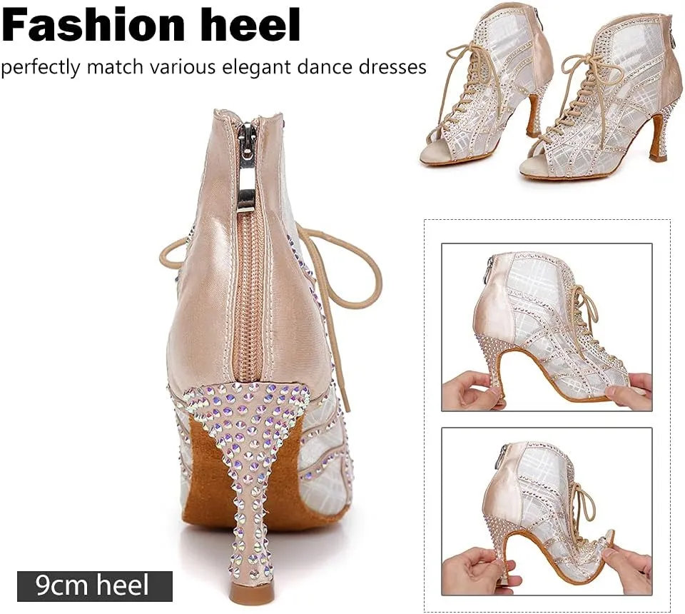 SWDZM Women's Latin Dance Shoes Open Toe Lace-up Mesh Ballrooom Tango Salsa Performence Ankle Dance Boots,Model-YCL436