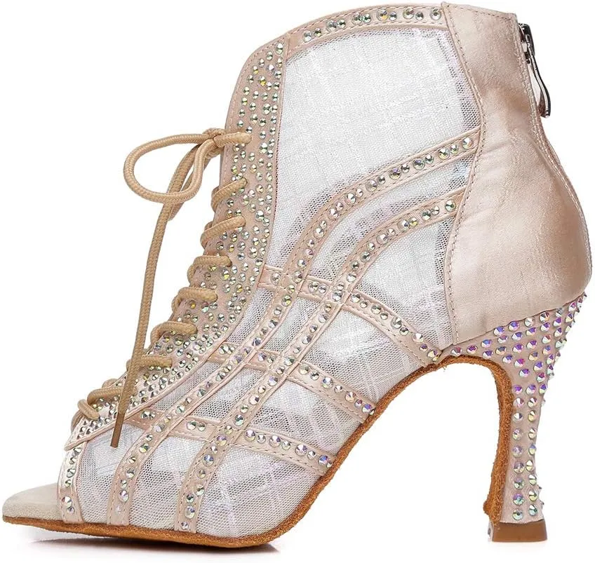 SWDZM Women's Latin Dance Shoes Open Toe Lace-up Mesh Ballrooom Tango Salsa Performence Ankle Dance Boots,Model-YCL436