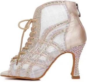 SWDZM Women's Latin Dance Shoes Open Toe Lace-up Mesh Ballrooom Tango Salsa Performence Ankle Dance Boots,Model-YCL436