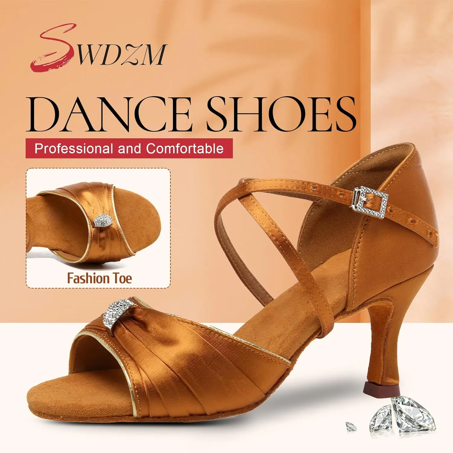 SWDZM Womens Latin Dance Shoes Satin Professional Ballroom Salsa Party Dancing Shoes with Strass