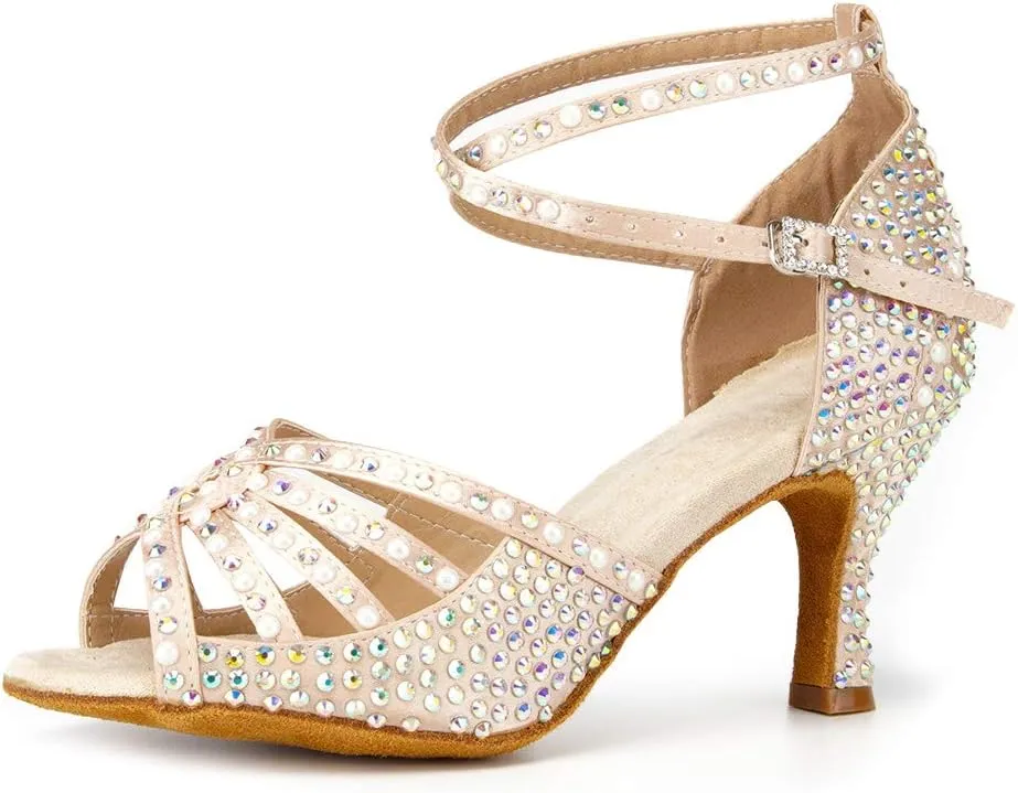 SWDZM Women's Latin Dance Shoes Satin Rhinestone Professional Ballroom Salsa Practice Performance Dance Shoes,Model-YCL430,