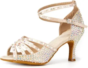 SWDZM Women's Latin Dance Shoes Satin Rhinestone Professional Ballroom Salsa Practice Performance Dance Shoes,Model-YCL430,