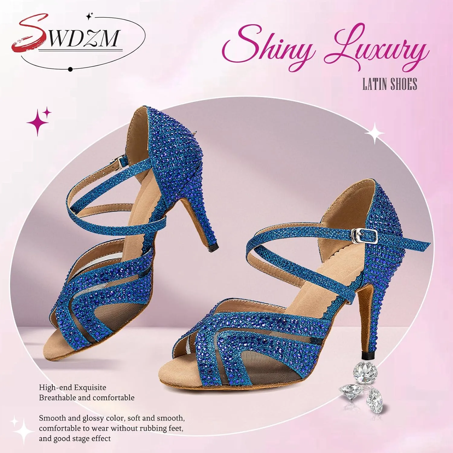 SWDZM Women's Rhinestones Latin Dance Shoes Open Toe Ballroom Standard Salsa Tango Performance Dance Wedding Shoes