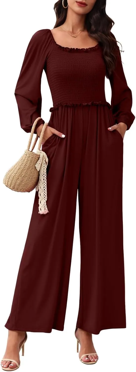 Tanou 2024 Women's Long Sleeve One Piece Smocked Jumpsuits Fall Casual Square Neck Wide Leg Loose Rompers with Pockets