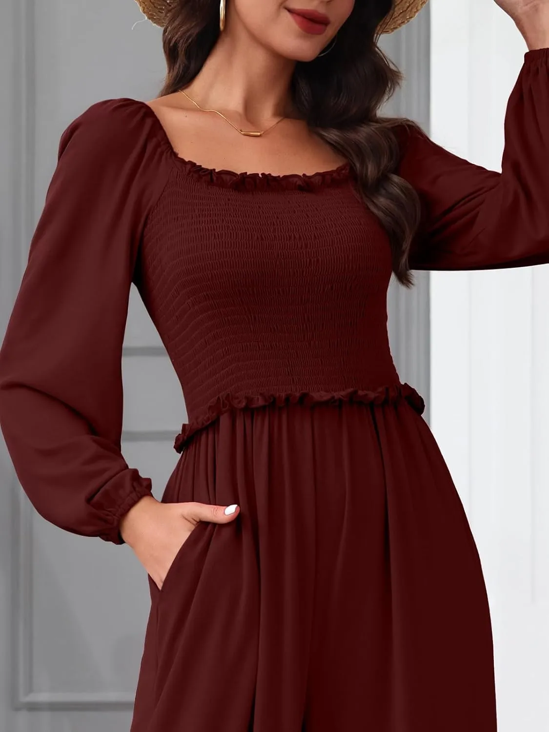 Tanou 2024 Women's Long Sleeve One Piece Smocked Jumpsuits Fall Casual Square Neck Wide Leg Loose Rompers with Pockets