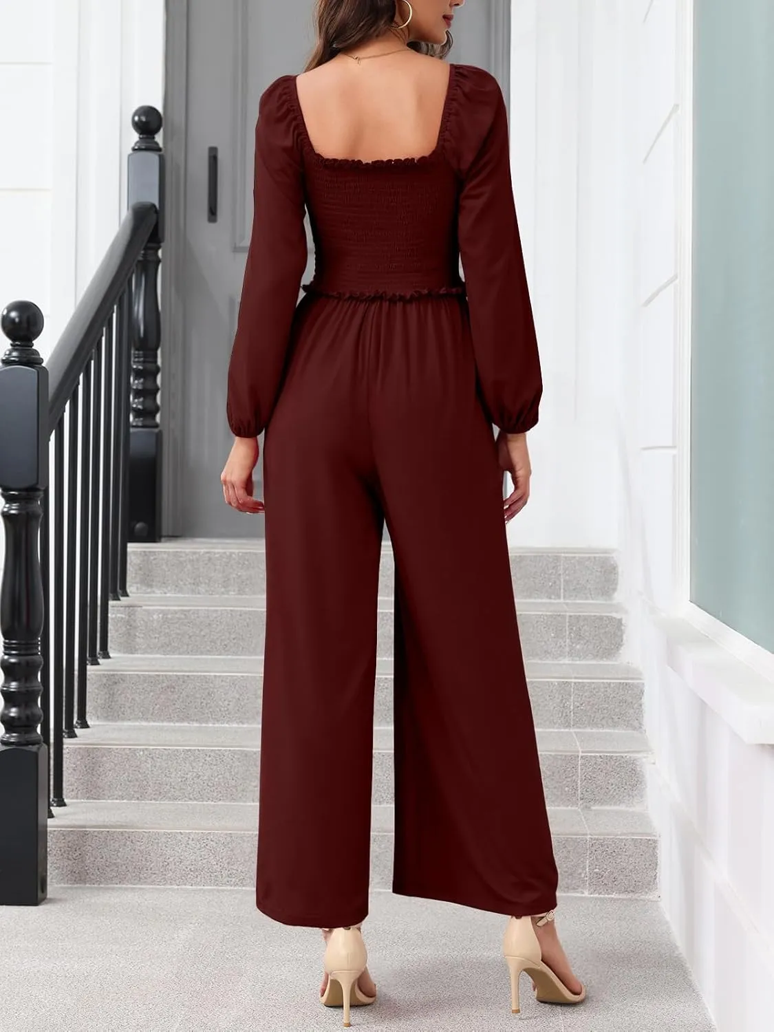 Tanou 2024 Women's Long Sleeve One Piece Smocked Jumpsuits Fall Casual Square Neck Wide Leg Loose Rompers with Pockets