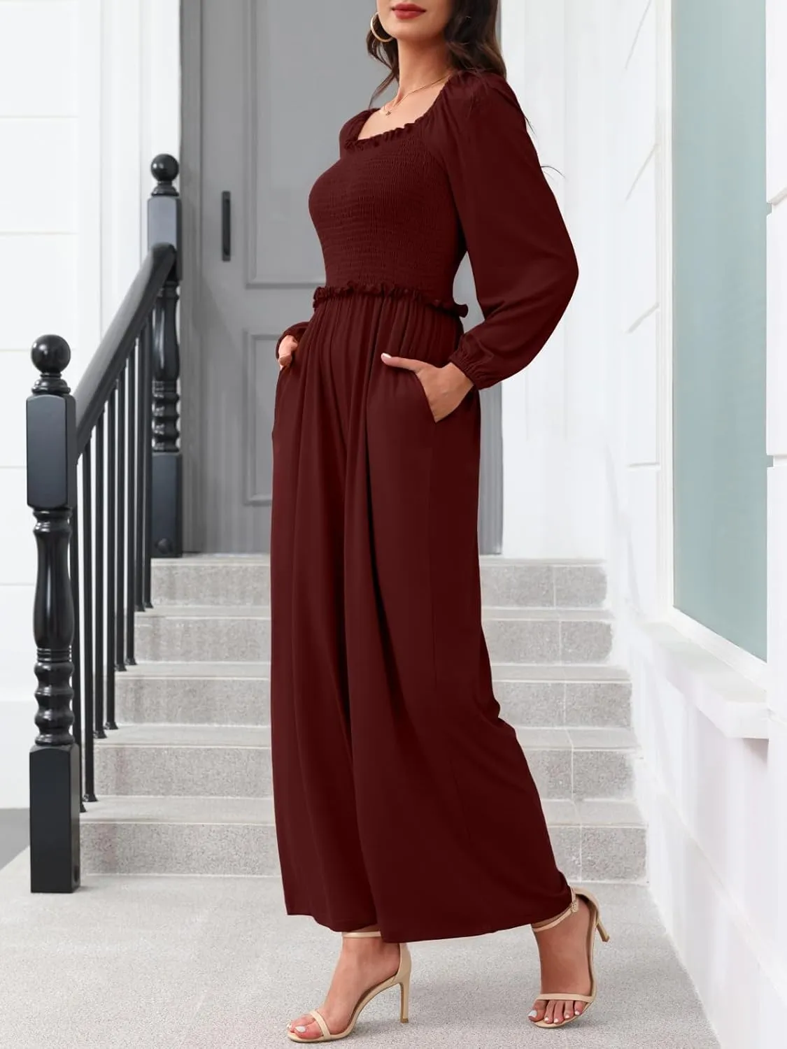 Tanou 2024 Women's Long Sleeve One Piece Smocked Jumpsuits Fall Casual Square Neck Wide Leg Loose Rompers with Pockets