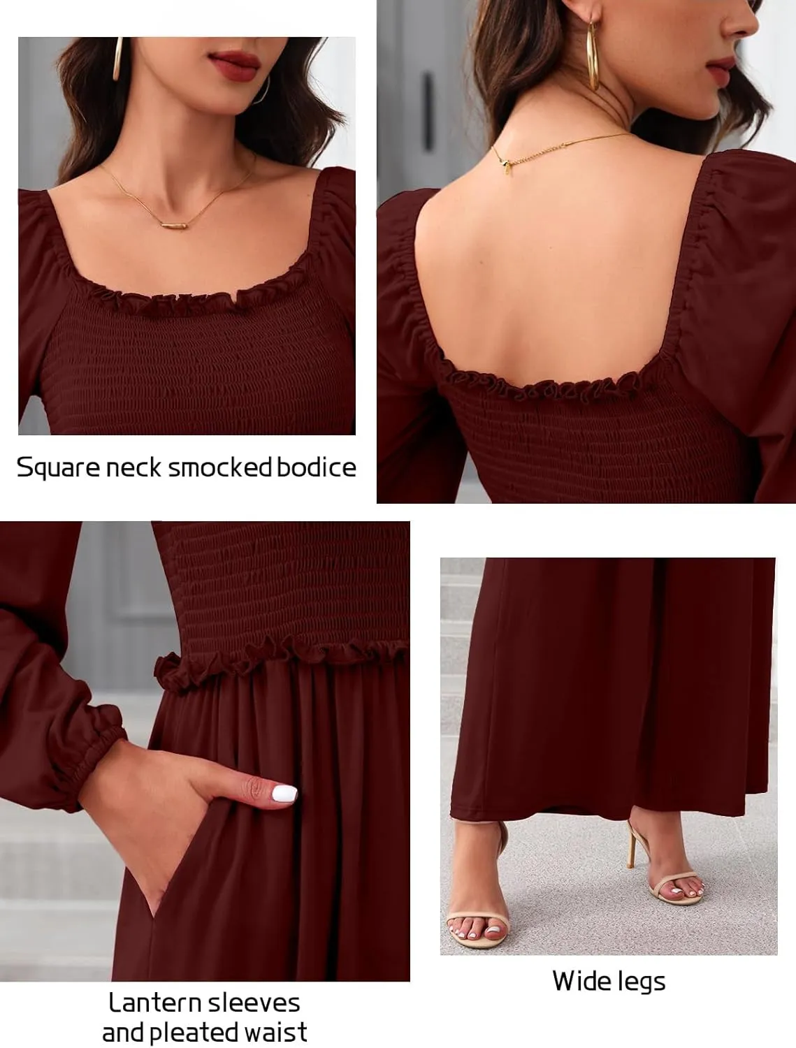 Tanou 2024 Women's Long Sleeve One Piece Smocked Jumpsuits Fall Casual Square Neck Wide Leg Loose Rompers with Pockets