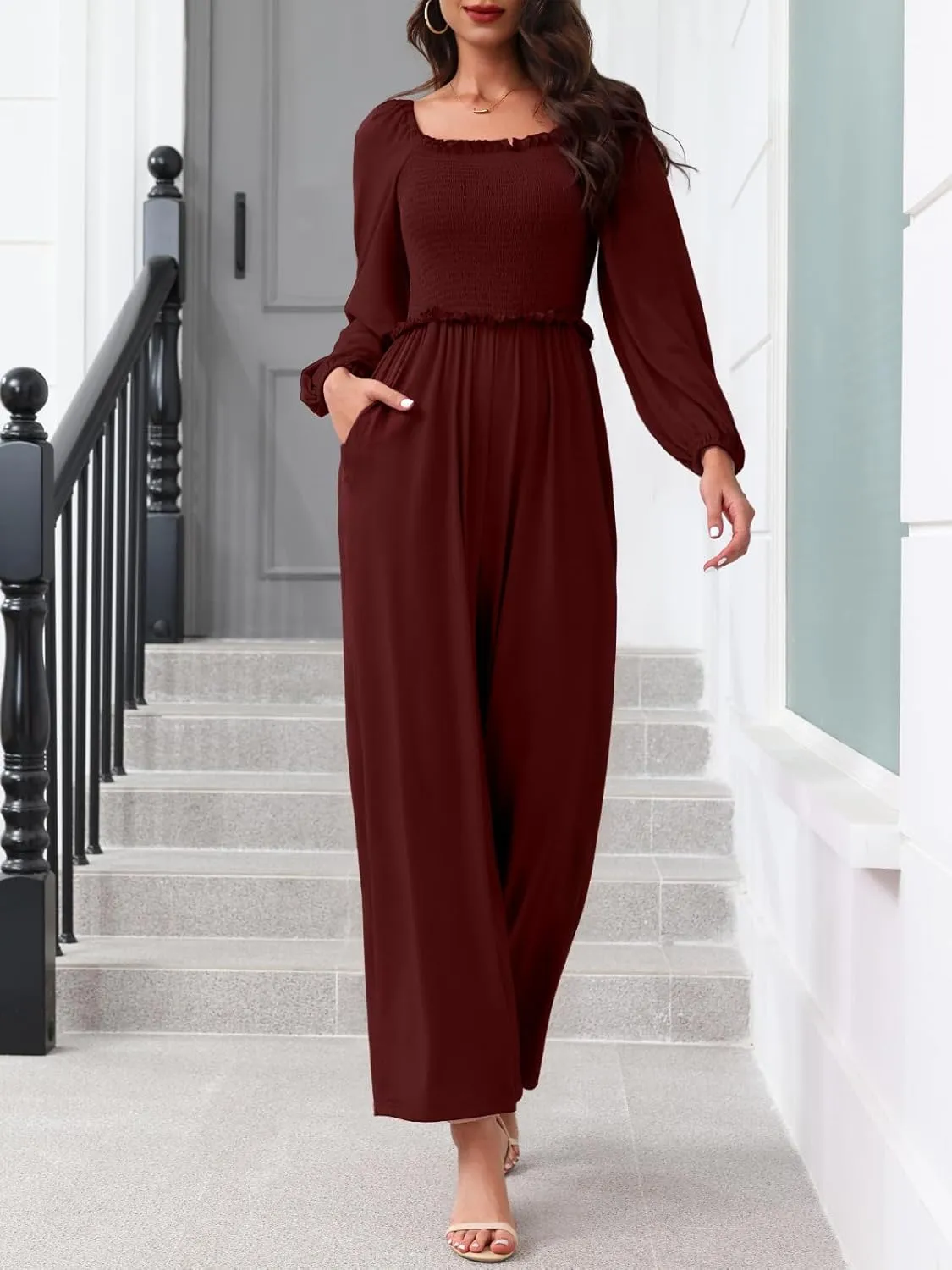 Tanou 2024 Women's Long Sleeve One Piece Smocked Jumpsuits Fall Casual Square Neck Wide Leg Loose Rompers with Pockets