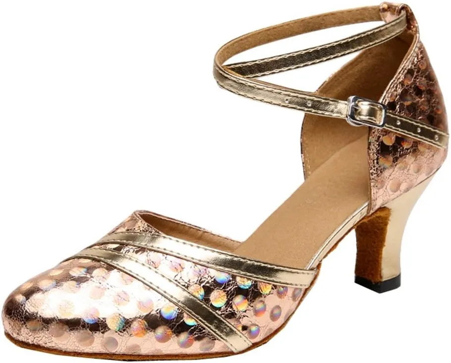 TDA Women's Ankle Wrap Mid Heel Glitter Synthetic Salsa Tango Ballroom Latin Modern Dance Wedding Shoes