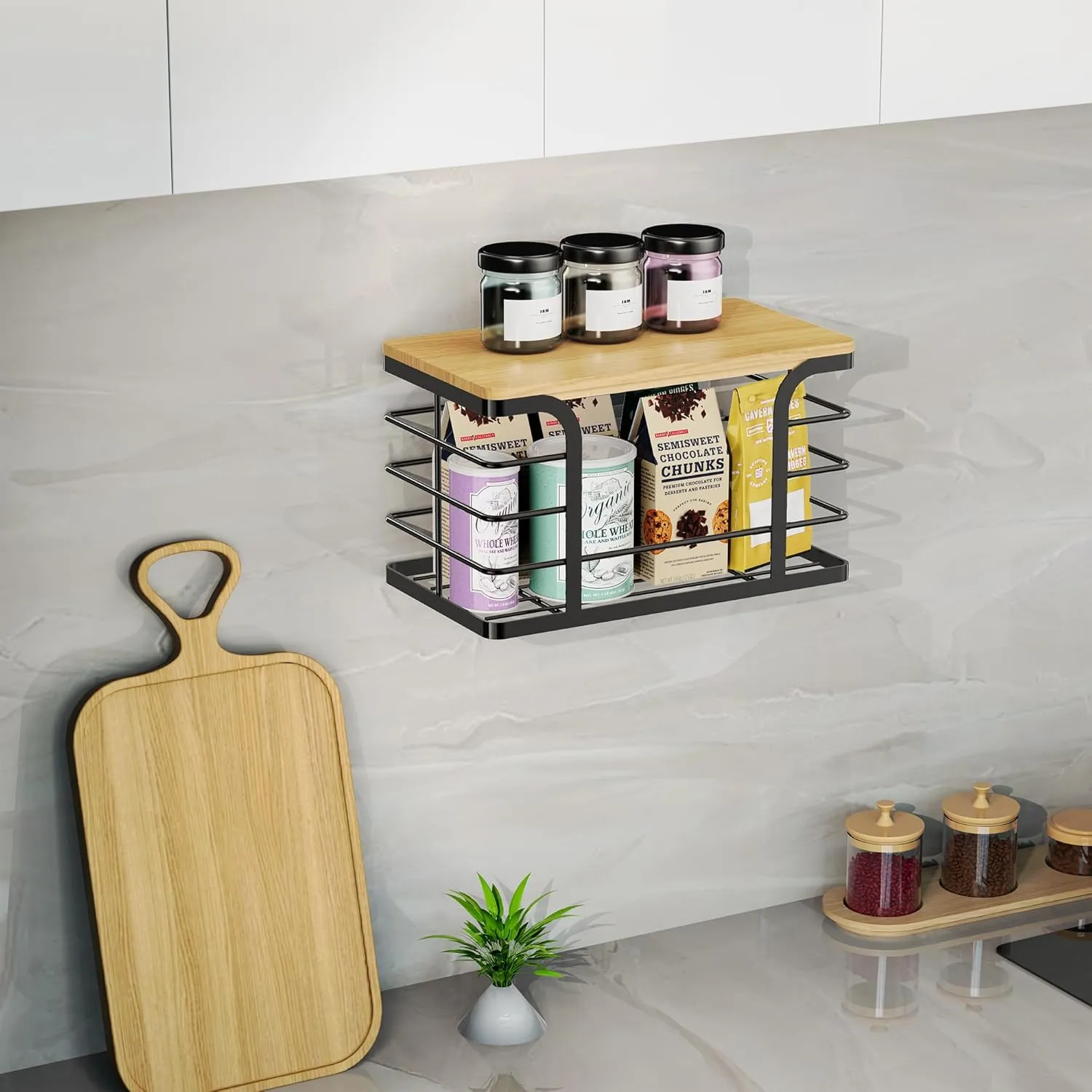 Trash Bag Holder with Bamboo Top,Stackable Storage for Kitchen Laundry Organizers,Wall Mount Garbage Bag Dispenser under Sink,Black Small