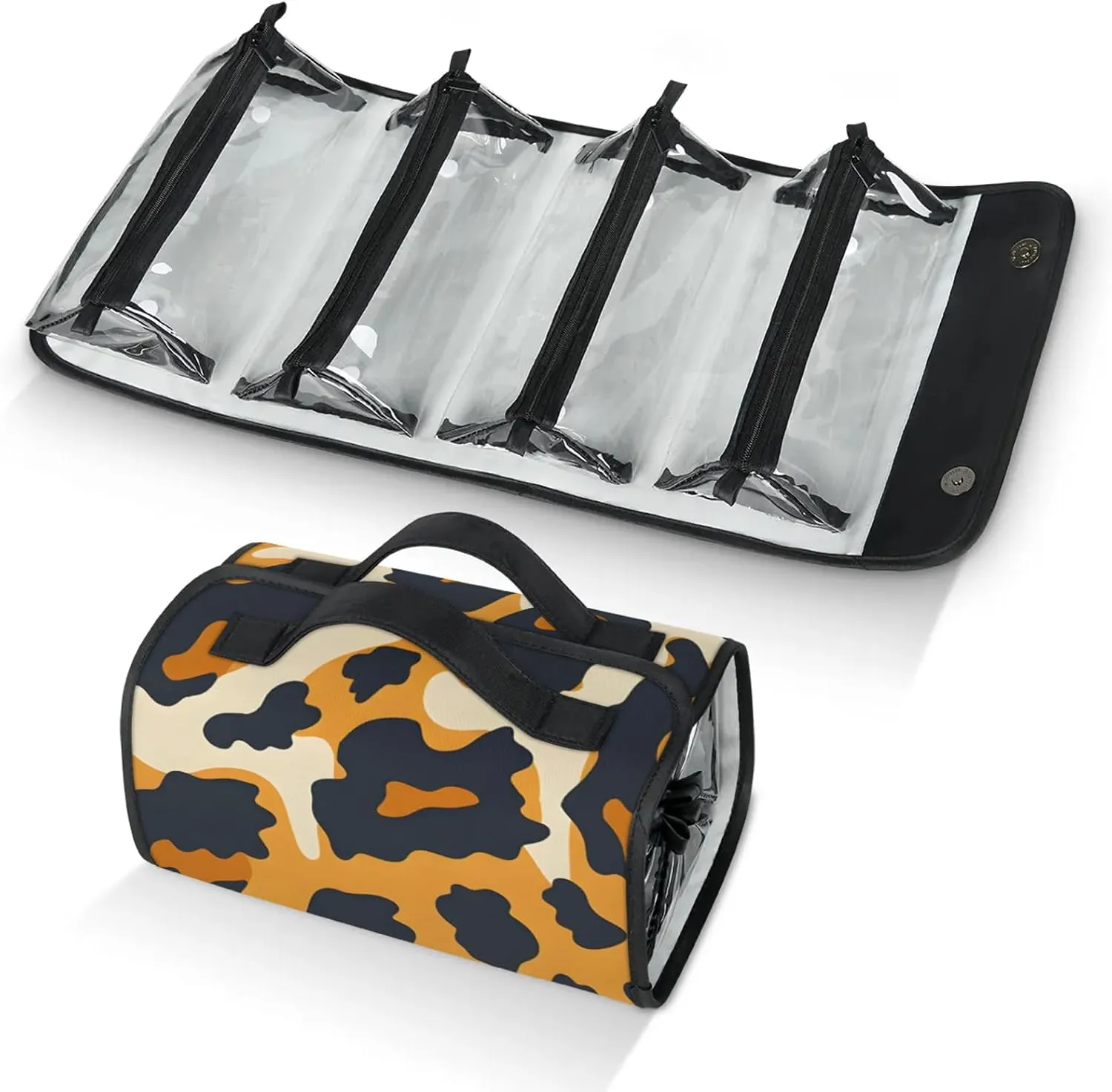 Travel Toiletry Bag for Women, Leopard Print 4 in 1 Roll Up Makeup Cosmetic Bag With 4 Removable PVC Zipper Pouch