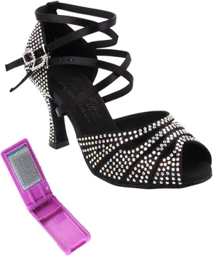 Very Fine Dance Shoes - Ladies Latin, Rhythm, Salsa, Waltz Ballroom Dance Shoes - S1007CC - 3-inch Heel and Foldable Brush Bundle - Black Satin - 6.5