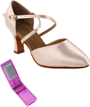 Very Fine Dance Shoes - Ladies Standard, Smooth, Waltz Ballroom Dance Shoes - C9691-2.5-inch Heel and Foldable Brush Bundle - Flesh Satin - 5