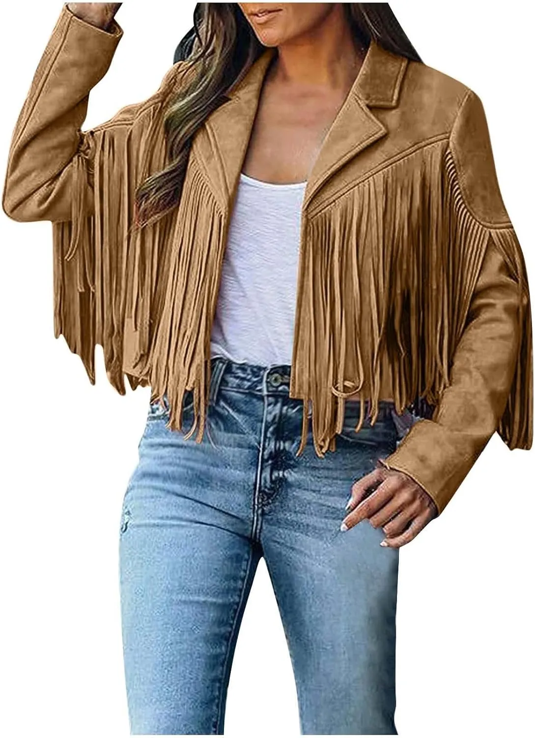 Western Jackets for Women Casual Faux Leather Jacket Motorcycle Jacket Fringe Cropped Jacket Tassel Suede Moto Jacket