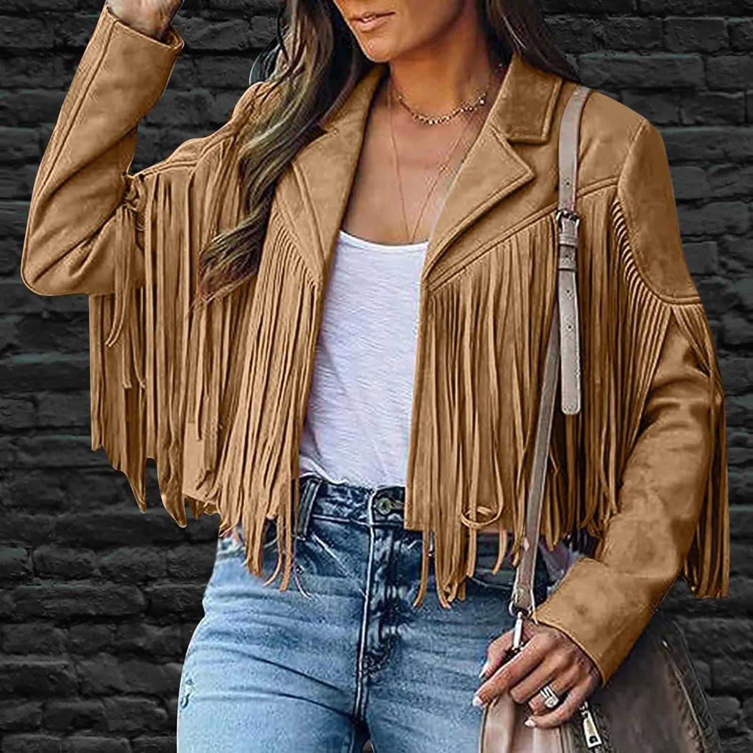 Western Jackets for Women Casual Faux Leather Jacket Motorcycle Jacket Fringe Cropped Jacket Tassel Suede Moto Jacket