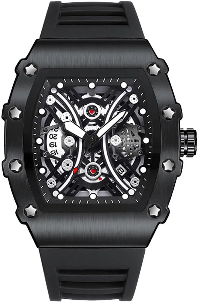 Wine Barrel Watch for Men Wristwatch Fashion Hollow Big Dial Luminous Waterproof Sport Analog Quartz Business Mens Watches Black Silicon Strap Dress Watch