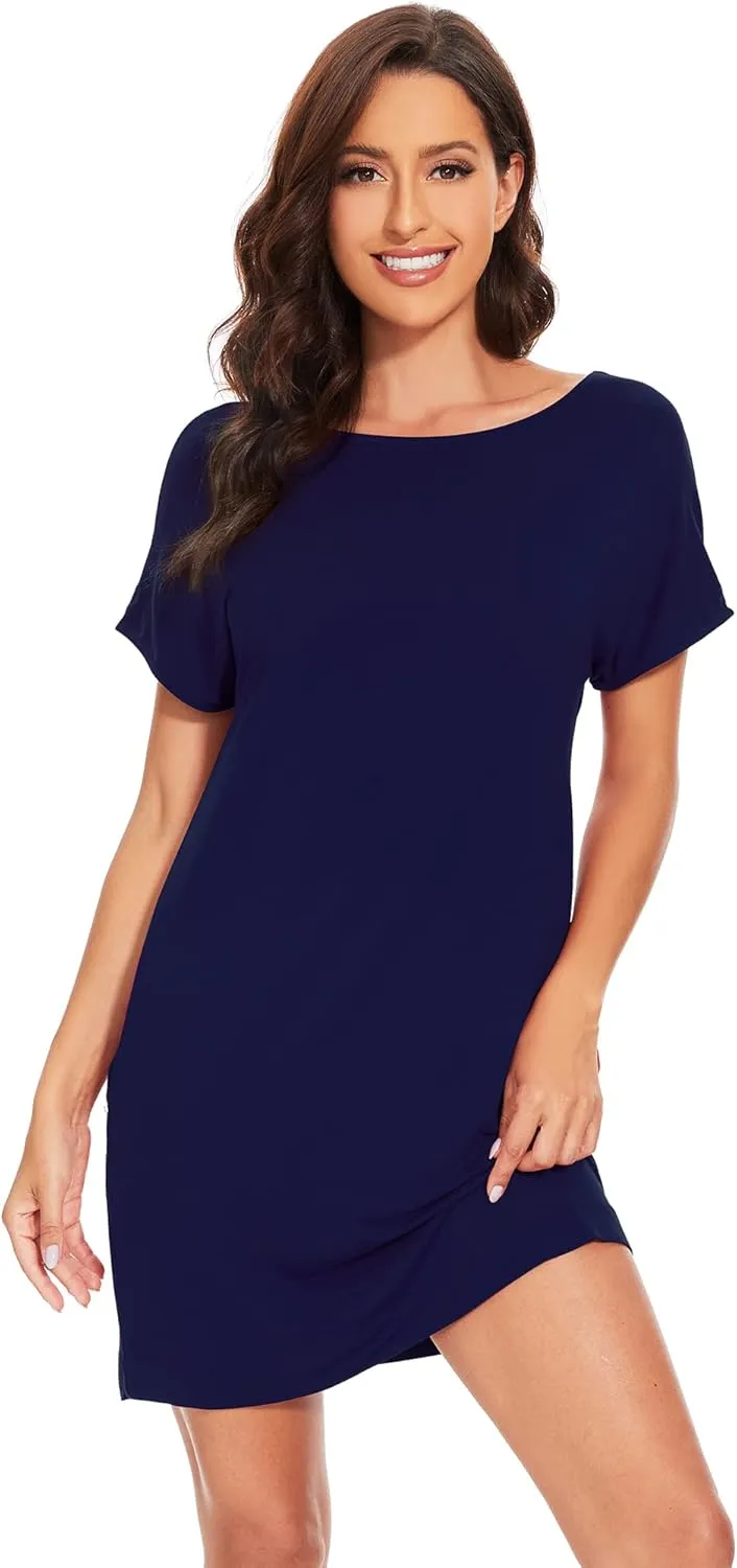 WiWi Womens Viscose from Bamboo Nightgowns Soft Short Sleeve Sleep Shirt Lightweight Cool Nightshirt Pajama Dress S-XXL