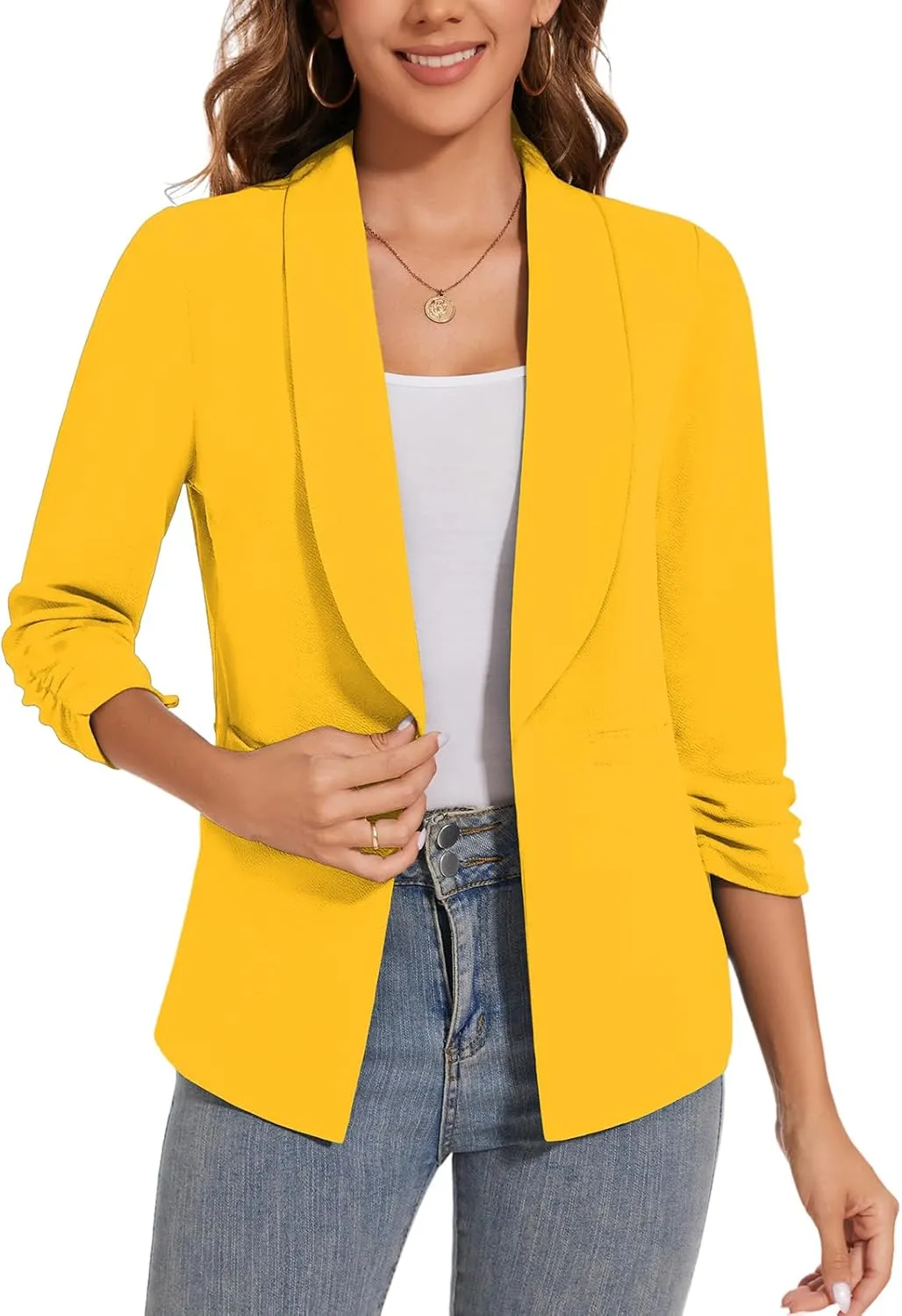 Women Casual Shawl Lapel Work Blazer Ruched 3/4 Sleeve Open Front Business Office Suit Jackets with Pockets