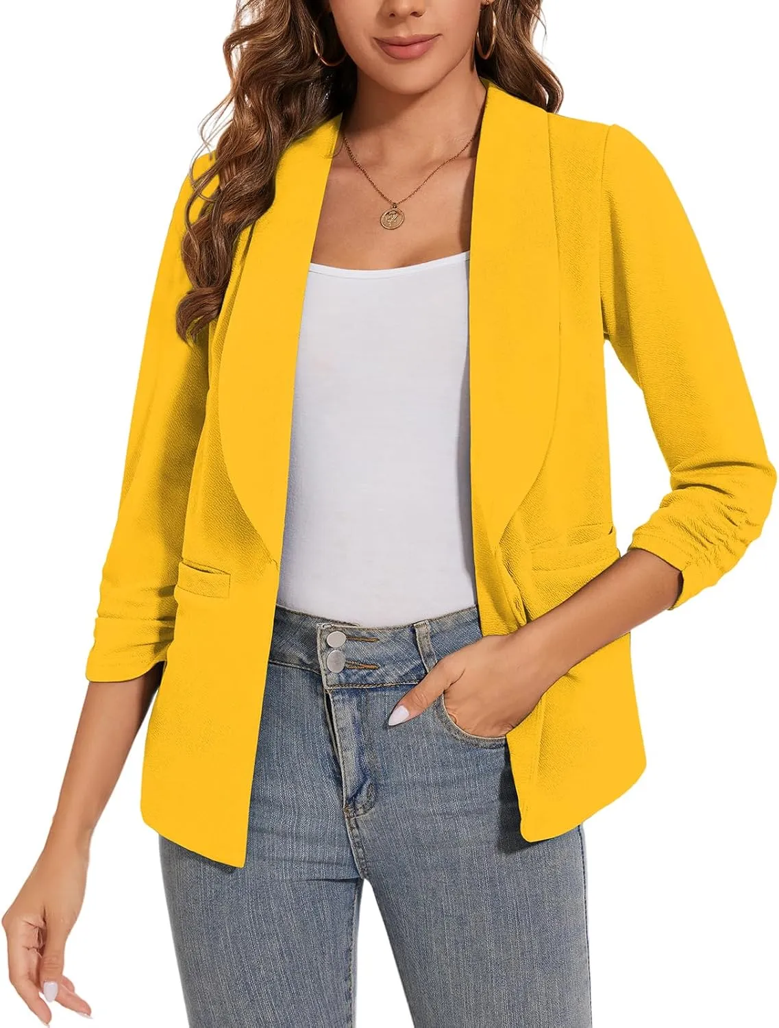 Women Casual Shawl Lapel Work Blazer Ruched 3/4 Sleeve Open Front Business Office Suit Jackets with Pockets
