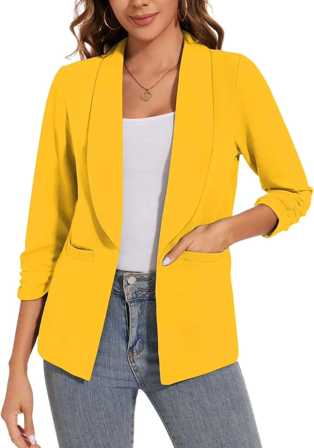 Women Casual Shawl Lapel Work Blazer Ruched 3/4 Sleeve Open Front Business Office Suit Jackets with Pockets