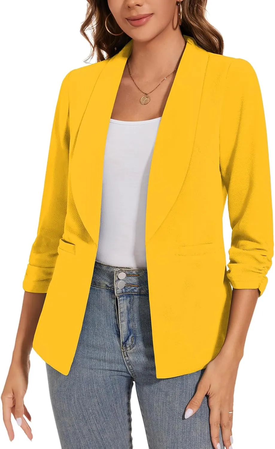 Women Casual Shawl Lapel Work Blazer Ruched 3/4 Sleeve Open Front Business Office Suit Jackets with Pockets