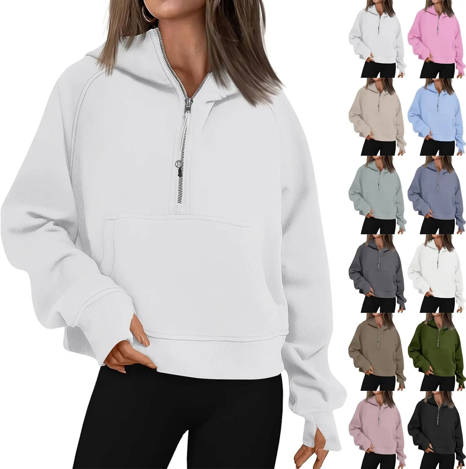 Women Half Zip Pullover Fleece Cropped Zip Up Hoodie Trendy Thumb Hole Y2k Sweatshirts with Pocket Fall Clothes