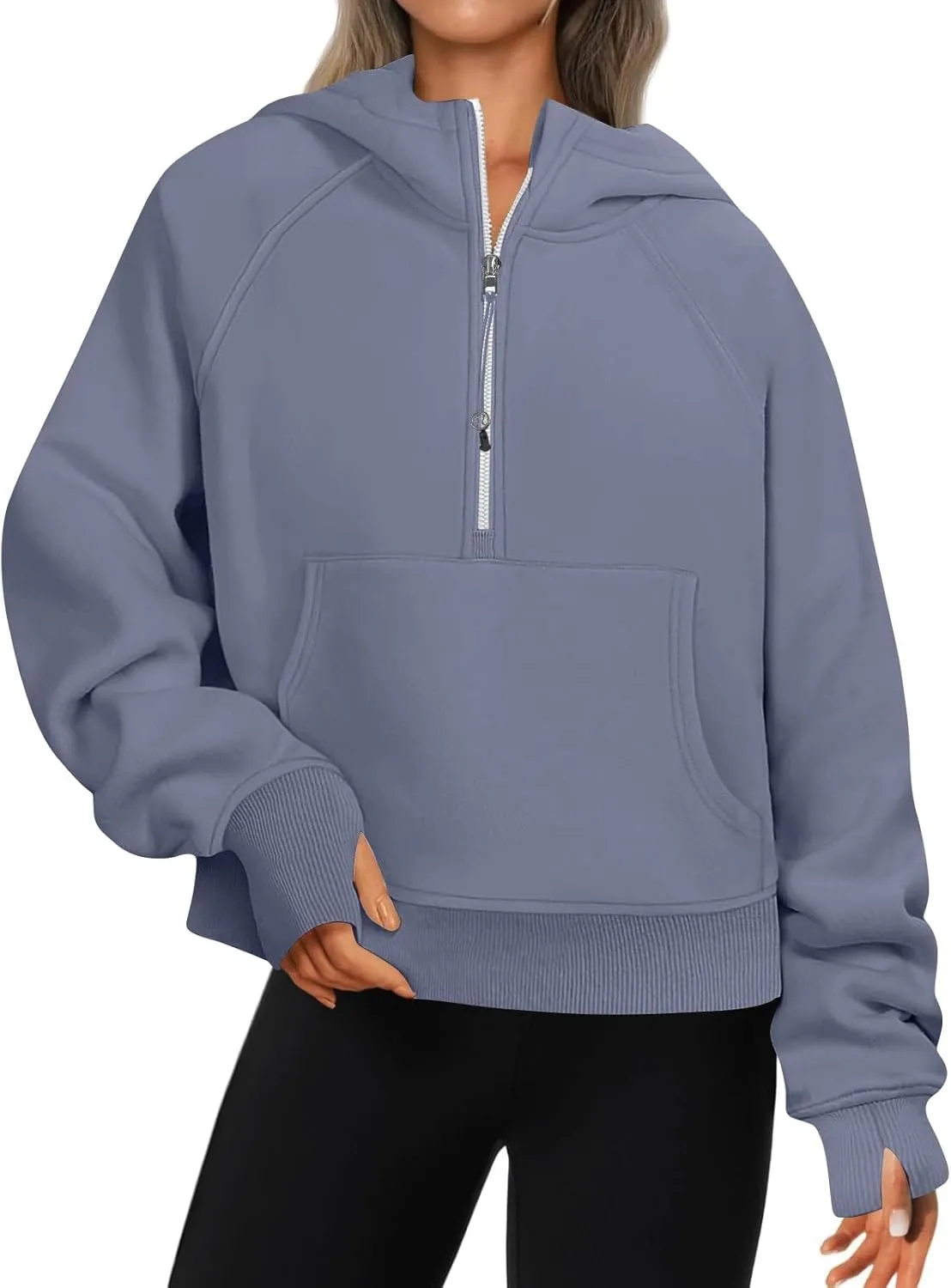 Women Half Zip Pullover Fleece Cropped Zip Up Hoodie Trendy Thumb Hole Y2k Sweatshirts with Pocket Fall Clothes