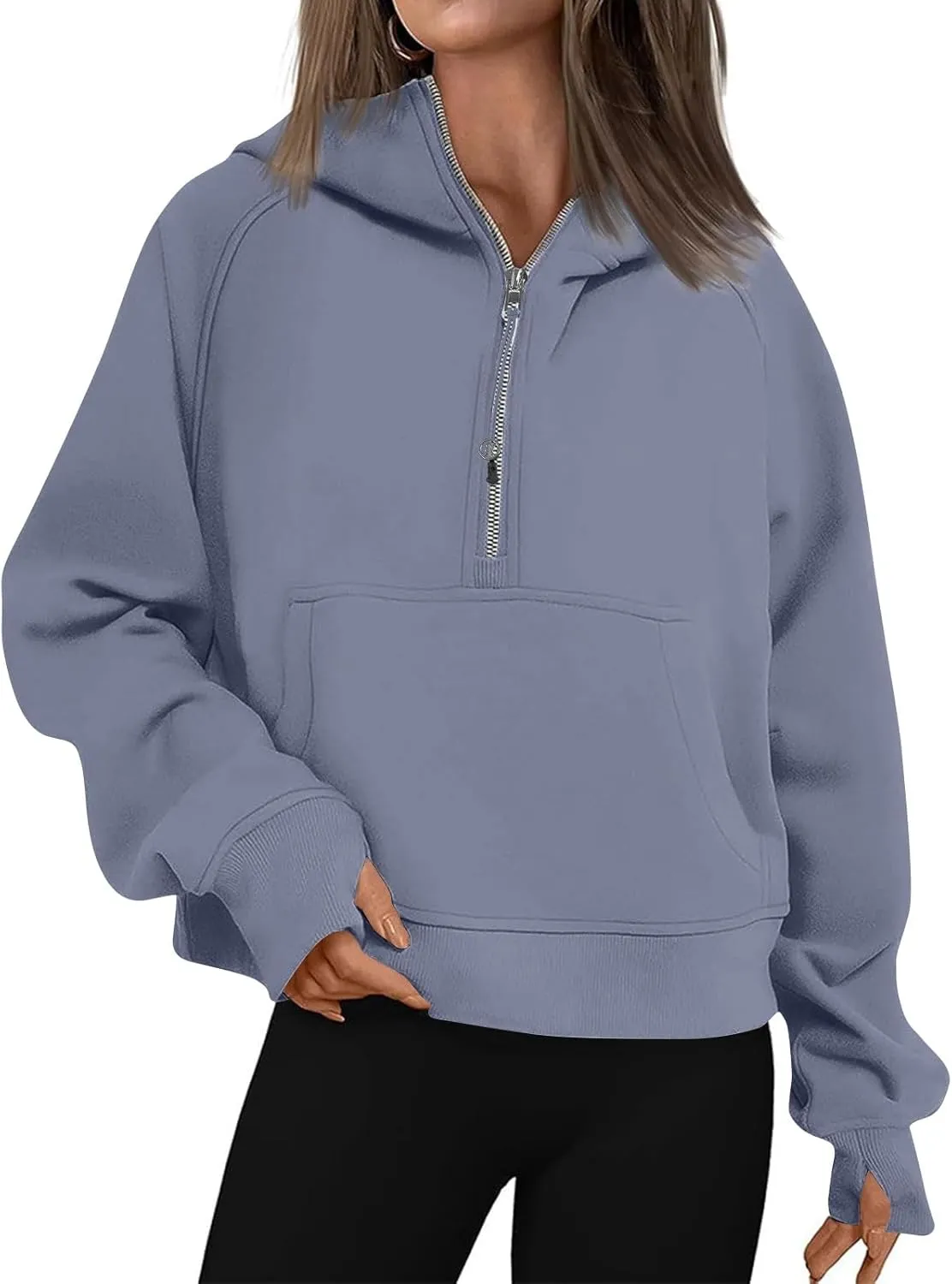 Women Half Zip Pullover Fleece Cropped Zip Up Hoodie Trendy Thumb Hole Y2k Sweatshirts with Pocket Fall Clothes