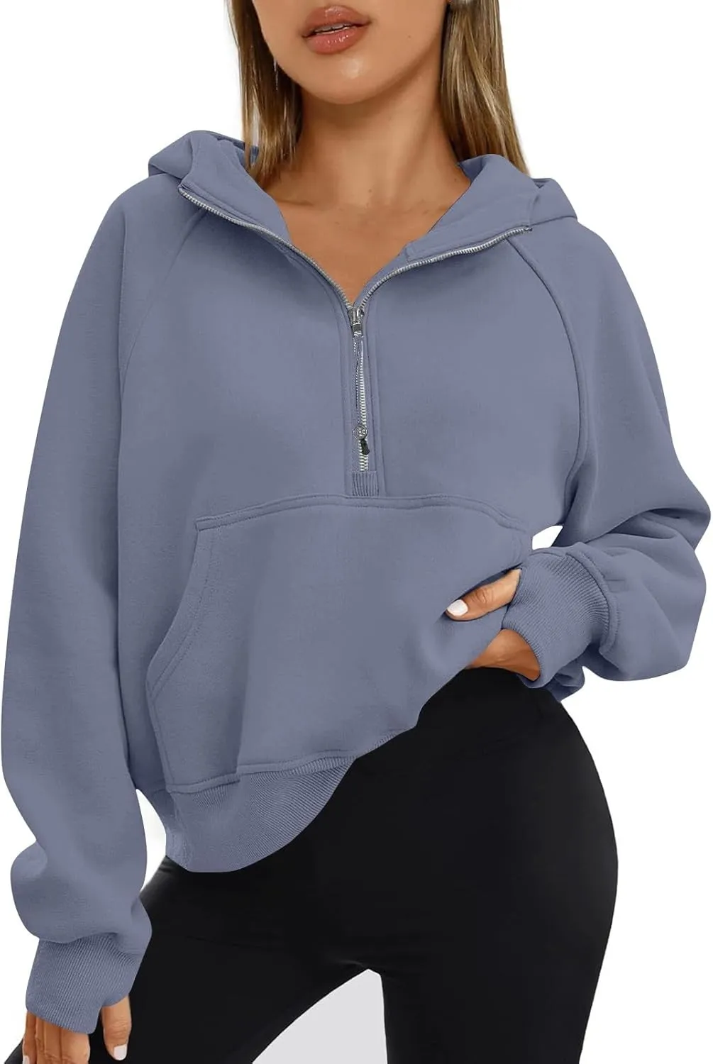 Women Half Zip Pullover Fleece Cropped Zip Up Hoodie Trendy Thumb Hole Y2k Sweatshirts with Pocket Fall Clothes