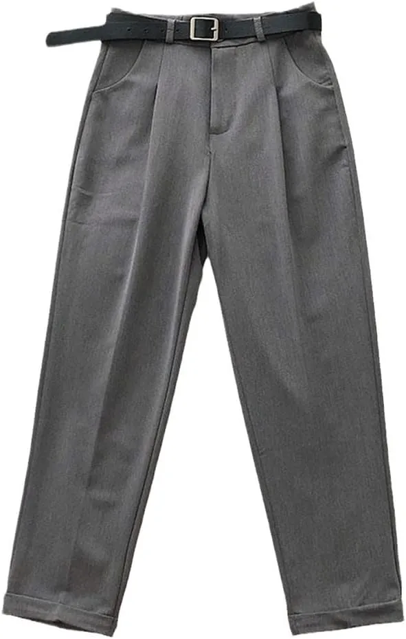 Women High Waist Pants, Casual Loose Vintage with Sashes Suit Pants, Korean Black Curl Harem Pants