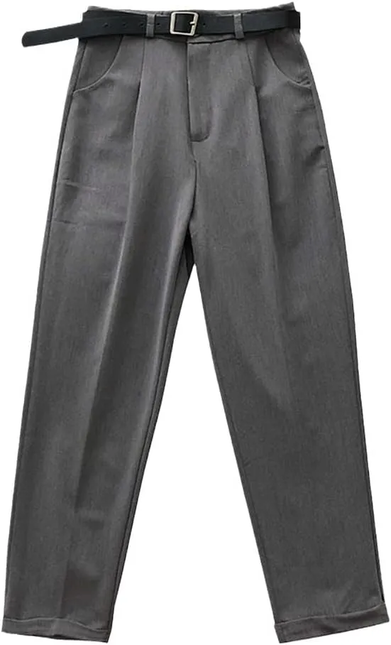 Women High Waist Pants, Casual Loose Vintage with Sashes Suit Pants, Korean Black Curl Harem Pants