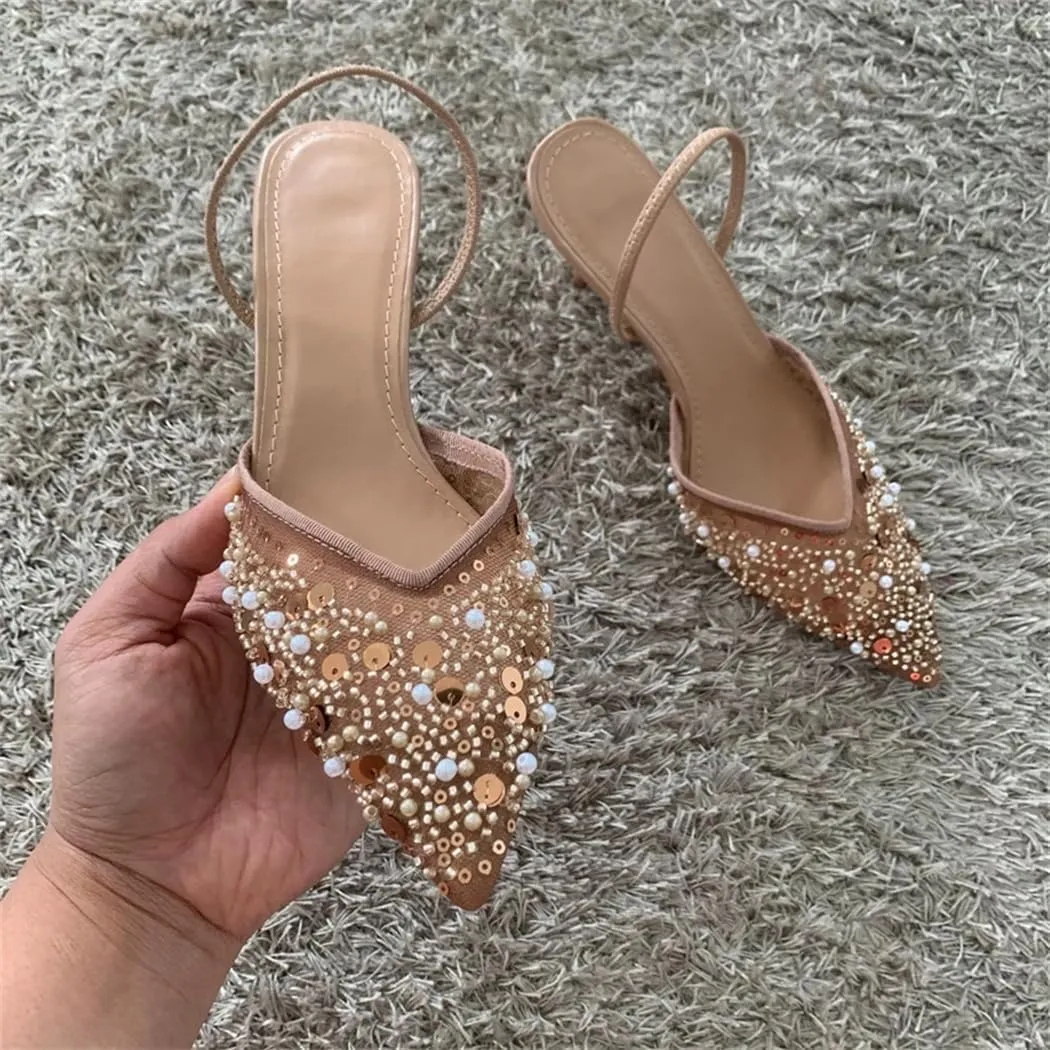 Women Luxury Trendy Crystal Mesh High Heels Pumps Elegant Sexy Pointed Toe Breathable Slingbacks Sandals