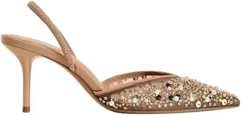 Women Luxury Trendy Crystal Mesh High Heels Pumps Elegant Sexy Pointed Toe Breathable Slingbacks Sandals