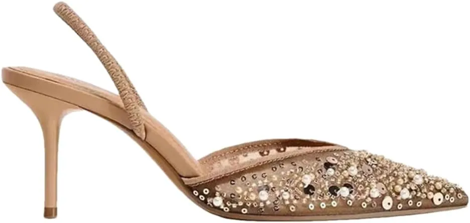 Women Luxury Trendy Crystal Mesh High Heels Pumps Elegant Sexy Pointed Toe Breathable Slingbacks Sandals