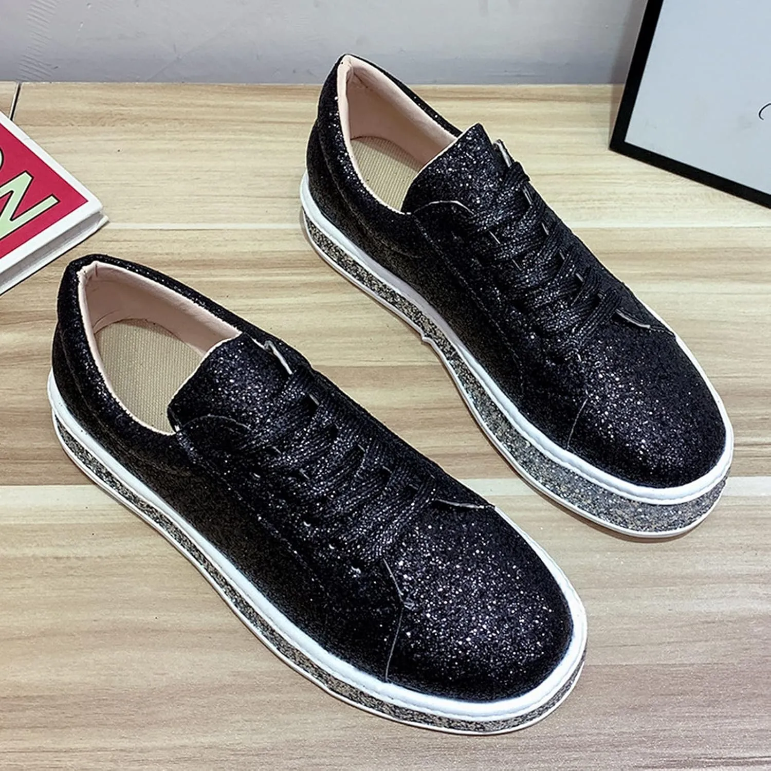 Womens All Black Platform Sneakers Walking Shoes Women Comfort Travel Sneakers Slip Ons for Women Black and Pink Womens Fashion Sneakers Size 10.5 Zapatos para Mujeres