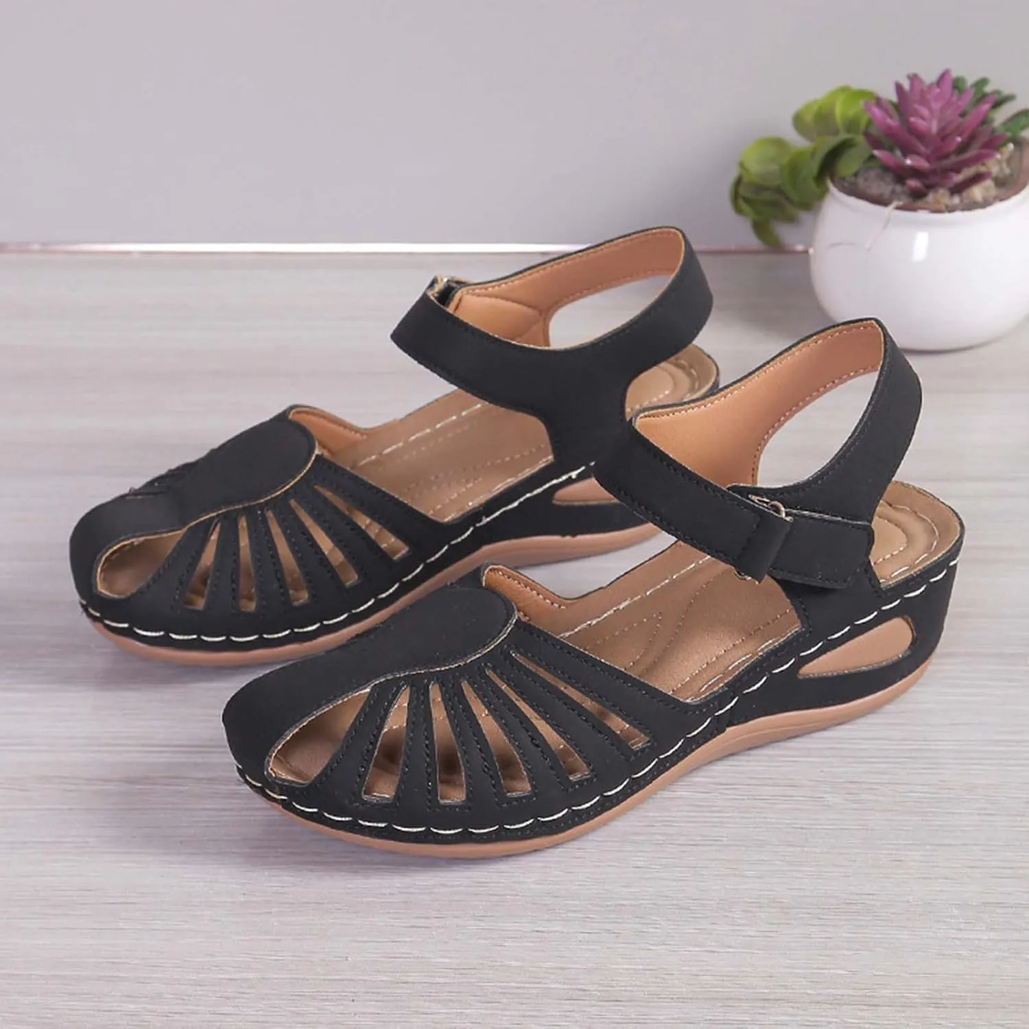 Women's Arch-Support Orthopedic Sandals Closed Toe Hollow Out Strap Ankle Trending Comfort Sandal Shoes for Vacation