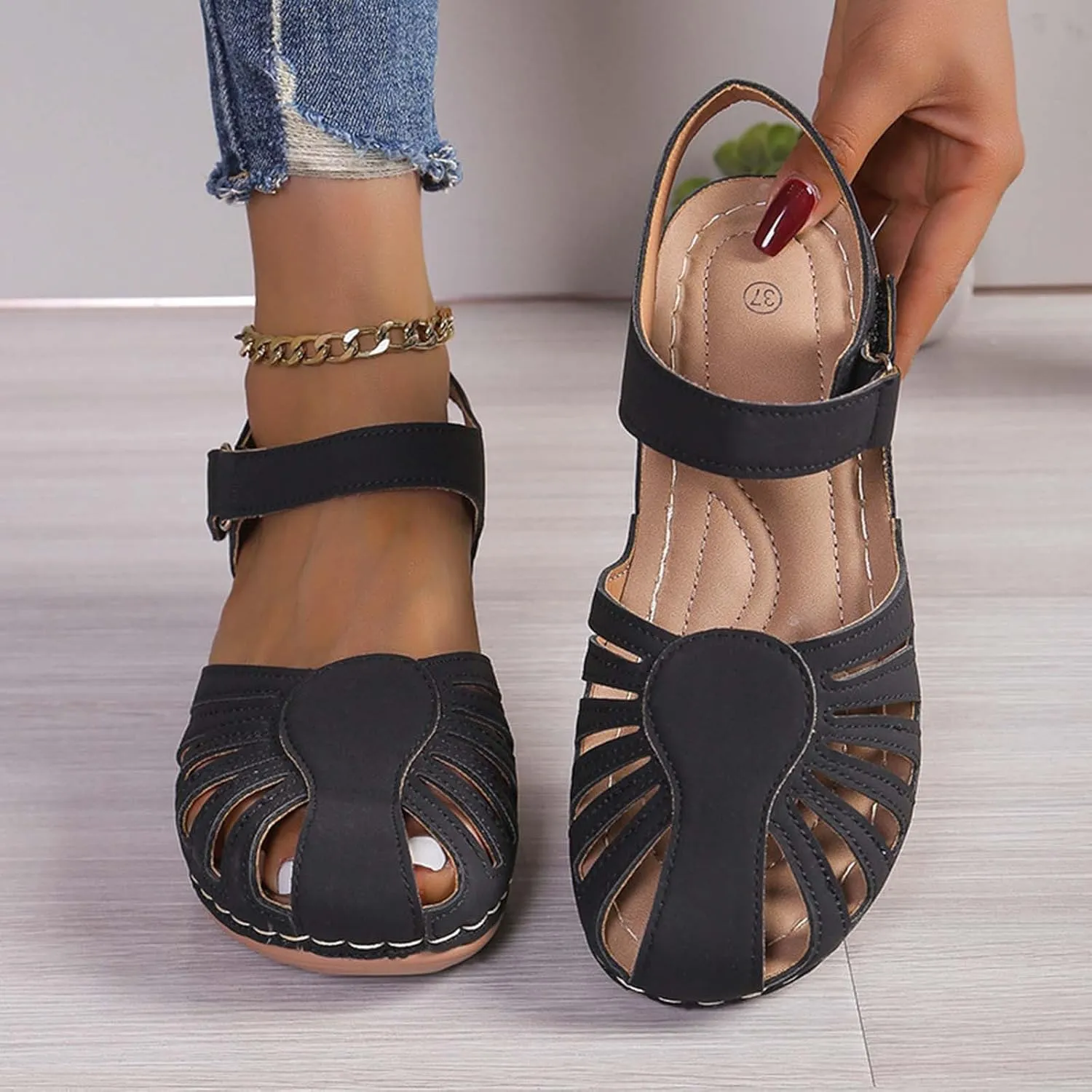 Women's Arch-Support Orthopedic Sandals Closed Toe Hollow Out Strap Ankle Trending Comfort Sandal Shoes for Vacation
