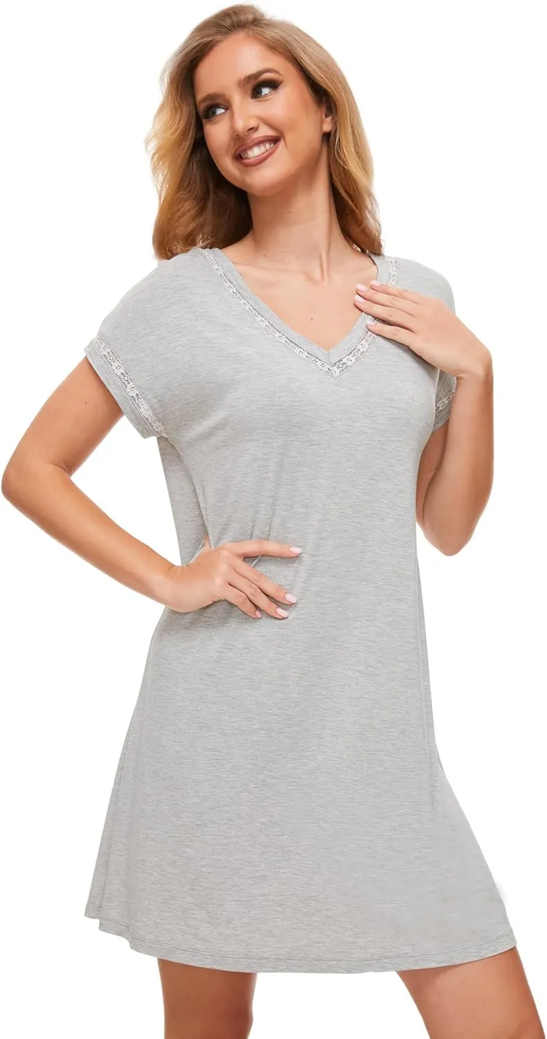 Women's Bamboo Viscose Nightgowns Short Sleeve Sleep Shirt Soft Lace V Neck Sleep Dress Sleepwear