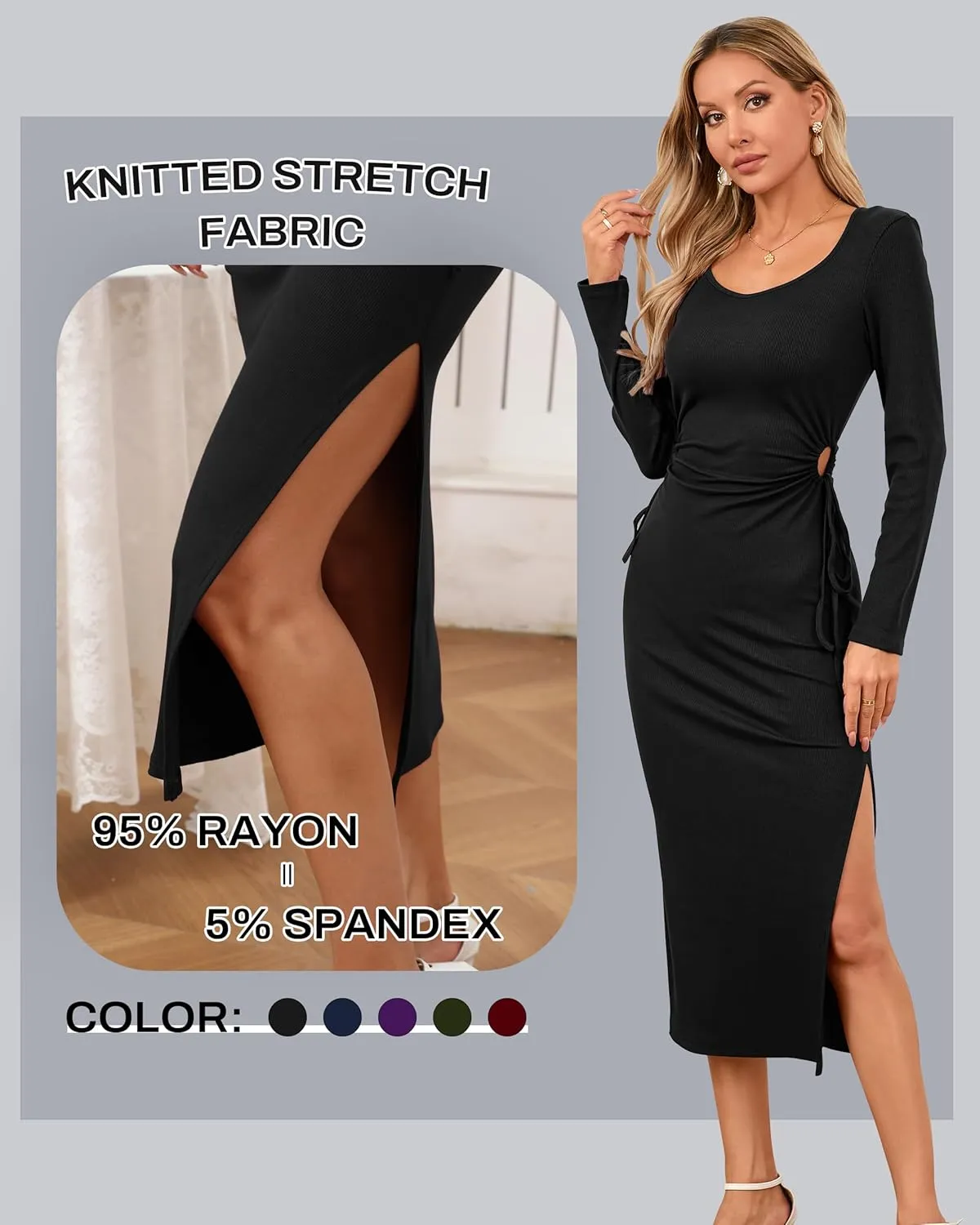 Women's Bodycon Midi Dress Long Sleeve Side Cutout Waist Drawstring Square Neck Slit Ribbed Knit Summer Dresses 2025