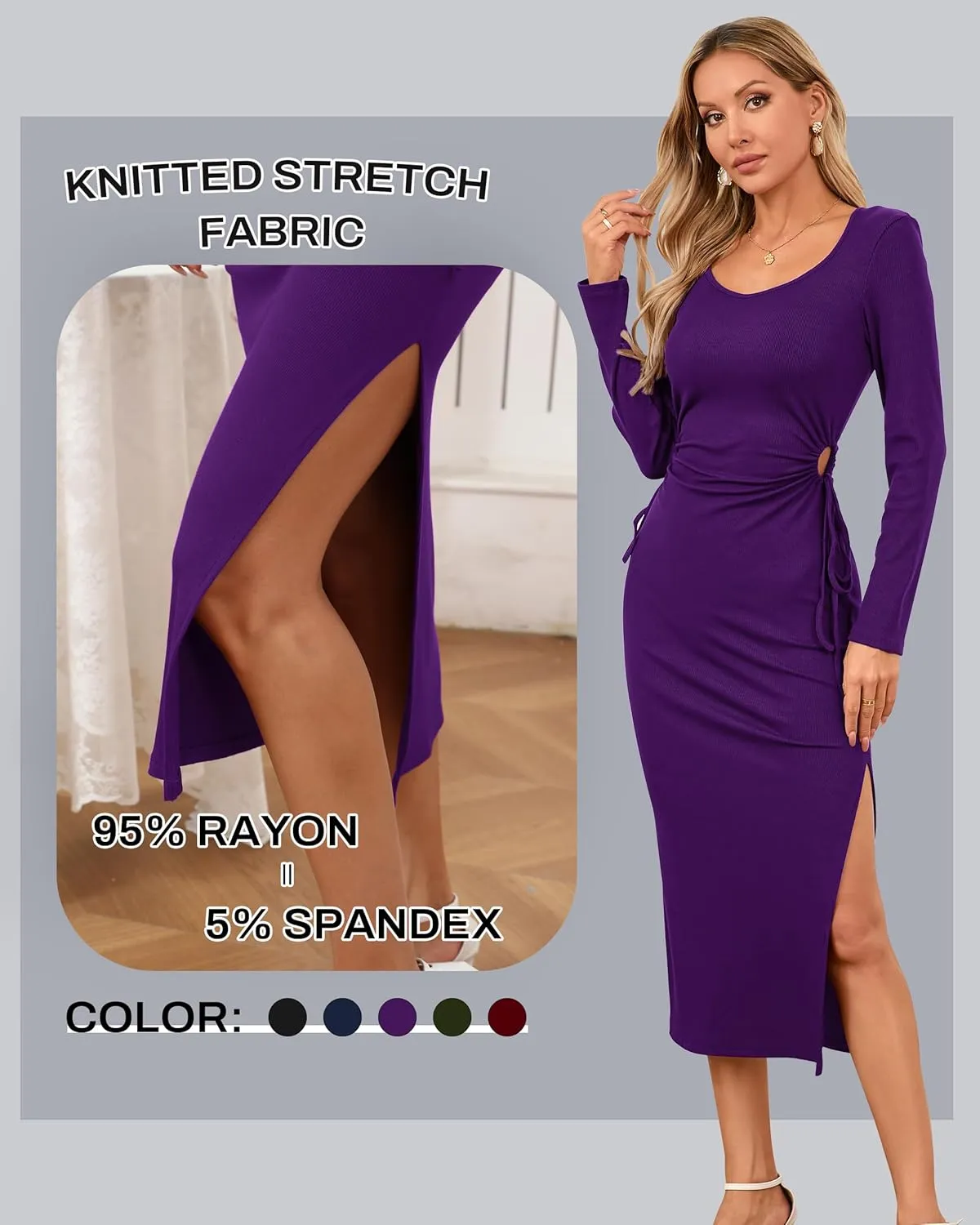 Women's Bodycon Midi Dress Long Sleeve Side Cutout Waist Drawstring Square Neck Slit Ribbed Knit Summer Dresses 2025