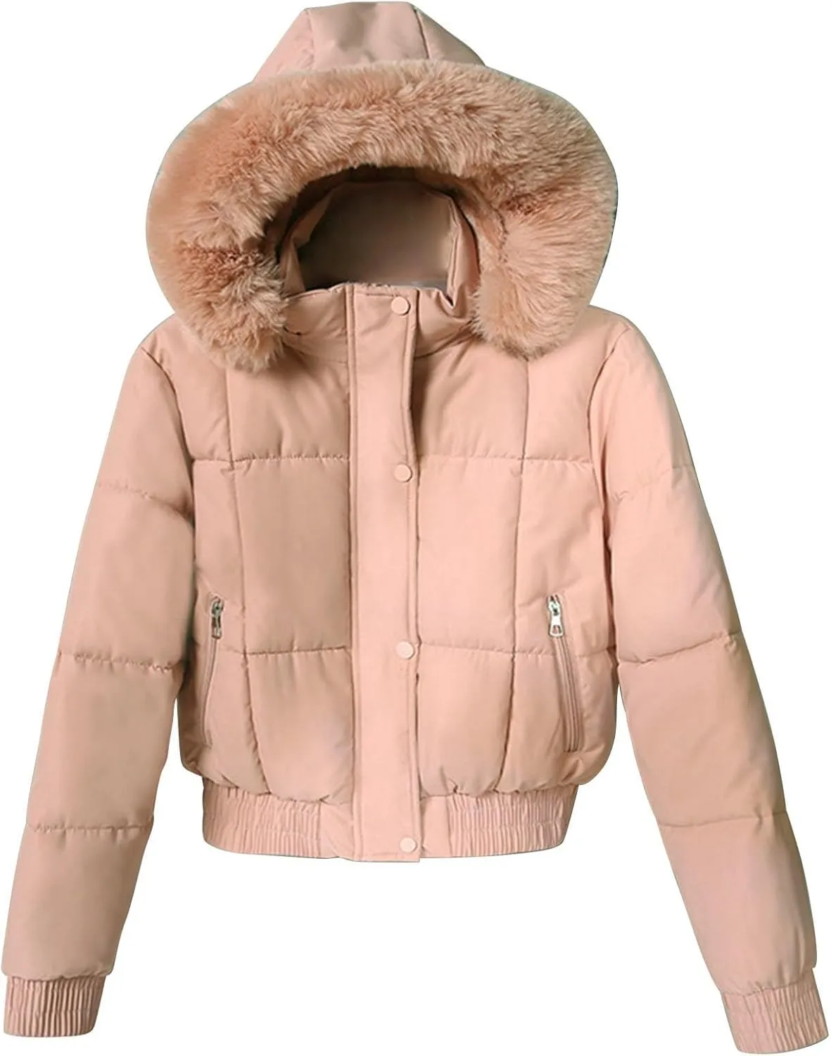 Womens Cropped Puffer Jackets with Faux Fur Hood Thicken Down Coats Quilted Jackets Winter Short Warm Coats Outerwear