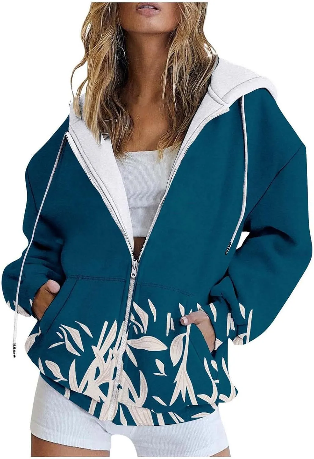 Women's Drawstring Long Sleeve Hoodies Zip Up Sweatshirt Full-Zip Fleece Hoodie Available In Large and Tall Sizes