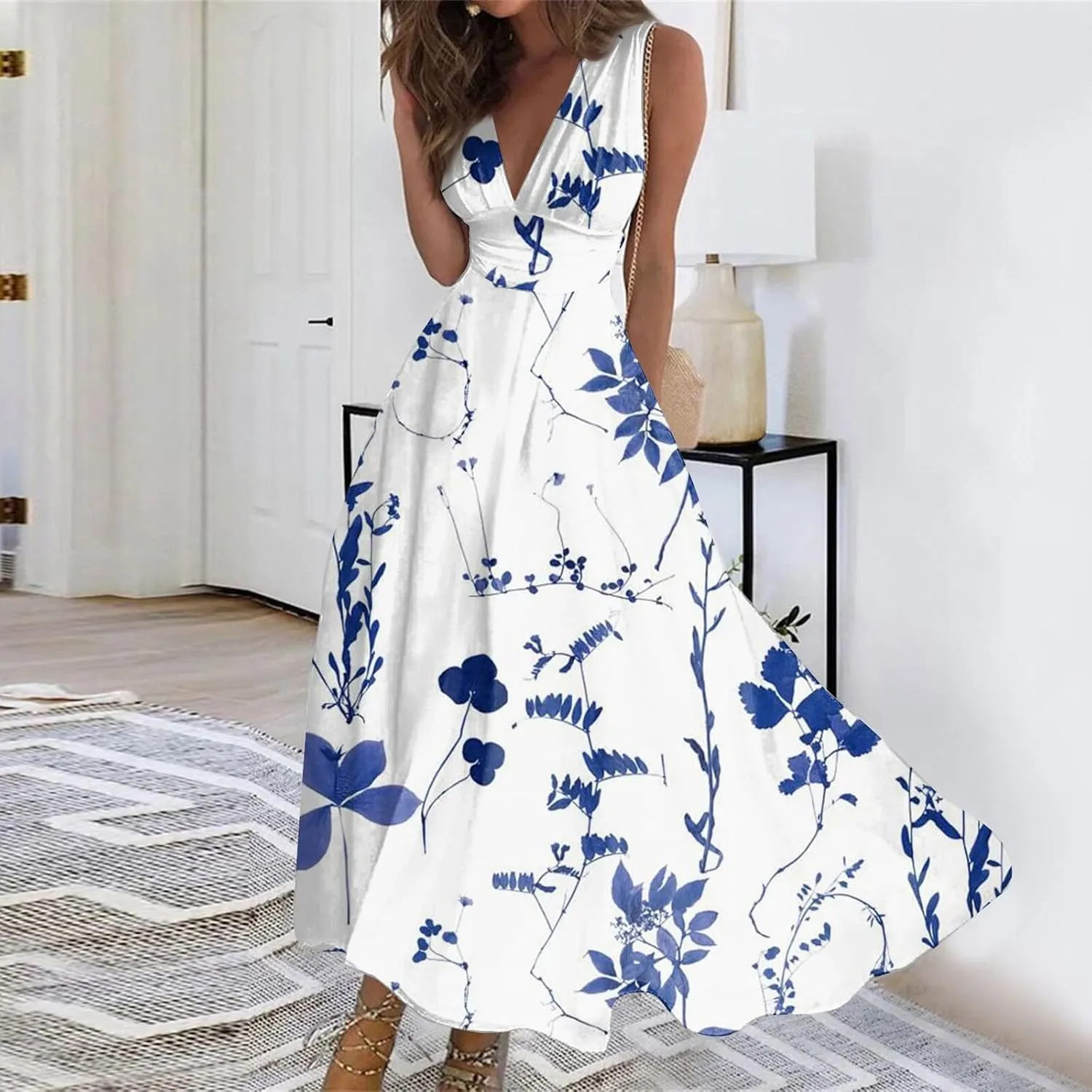 Womens Dresses Flowy Ruched Floral Print Beach Dresses Sleeveless Wrap V Neck Maxi Dress Elegant Sundresses