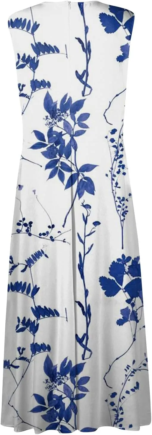 Womens Dresses Flowy Ruched Floral Print Beach Dresses Sleeveless Wrap V Neck Maxi Dress Elegant Sundresses