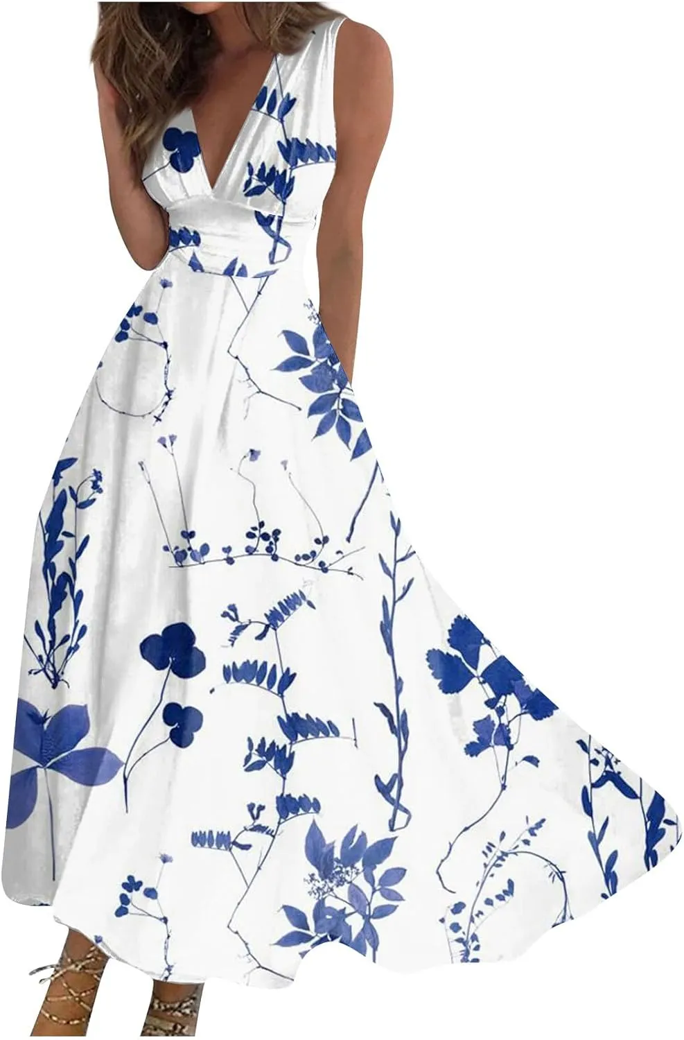 Womens Dresses Flowy Ruched Floral Print Beach Dresses Sleeveless Wrap V Neck Maxi Dress Elegant Sundresses