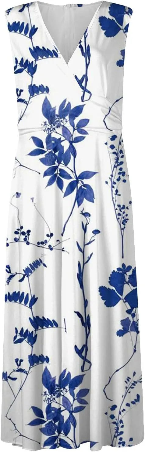 Womens Dresses Flowy Ruched Floral Print Beach Dresses Sleeveless Wrap V Neck Maxi Dress Elegant Sundresses